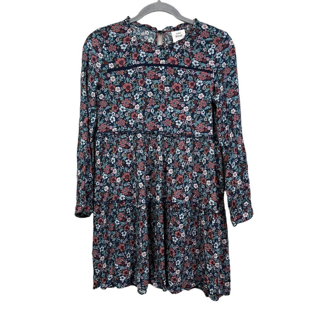 Knox Rose Women Floral Dress Boho Cottagecore Long Sleeve Tiered Blue Orange XS*